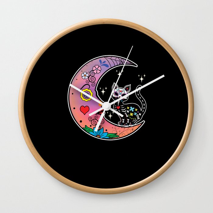 Sugar Skull Cat Moon Muertos Day Of Dead Aesthetic Wall Clock