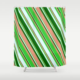 [ Thumbnail: Dark Salmon, Lime Green, Light Cyan, and Dark Green Colored Stripes/Lines Pattern Shower Curtain ]