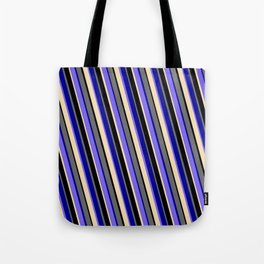 [ Thumbnail: Vibrant Dim Grey, Dark Blue, Medium Slate Blue, Tan & Black Colored Striped Pattern Tote Bag ]
