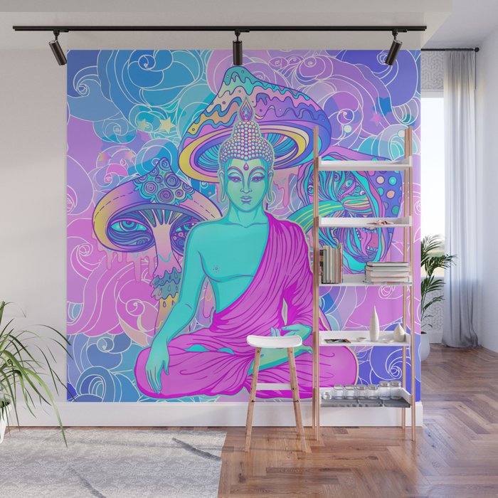 Sitting Buddha among psychedelic Mushrooms Wall Mural by