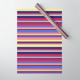 [ Thumbnail: Eye-catching Crimson, Royal Blue, Light Coral, Tan, and Midnight Blue Colored Striped/Lined Pattern Wrapping Paper ]