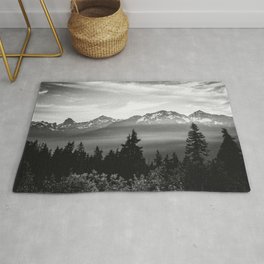 Morning in the Mountains Black and White Rug | Mountain, Wanderlust, Painting, Woods, Abstract, Landscape, Illustration, Nature, Adventure, Digital 