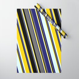 [ Thumbnail: Yellow, Light Cyan, Midnight Blue, Dim Grey & Black Colored Striped Pattern Wrapping Paper ]