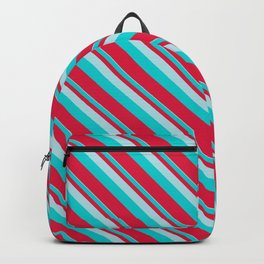 [ Thumbnail: Powder Blue, Dark Turquoise, and Crimson Colored Lined Pattern Backpack ]