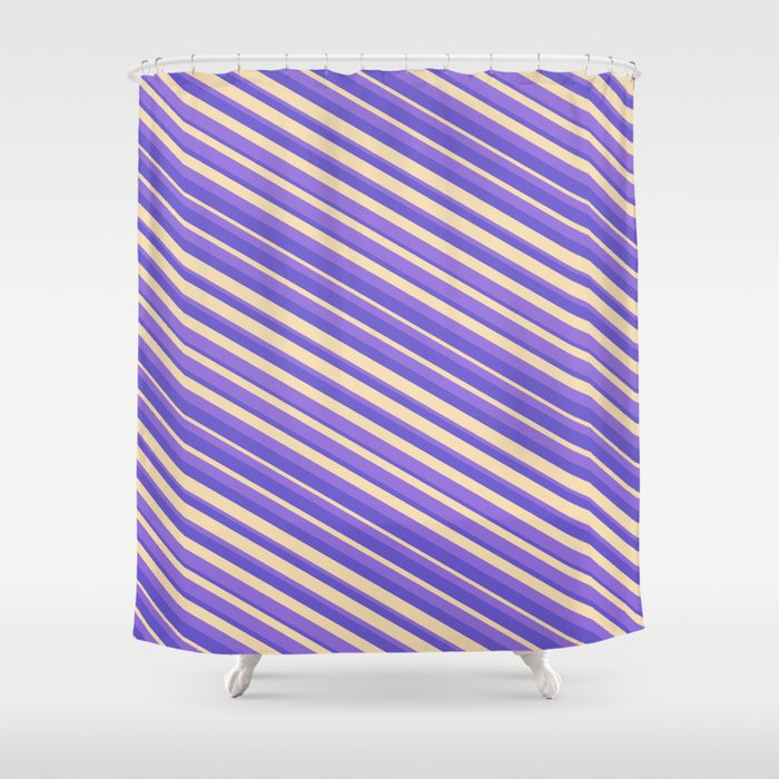 Purple, Slate Blue, and Tan Colored Striped Pattern Shower Curtain