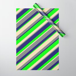 [ Thumbnail: Lime, Tan, Gray, and Midnight Blue Colored Stripes Pattern Wrapping Paper ]