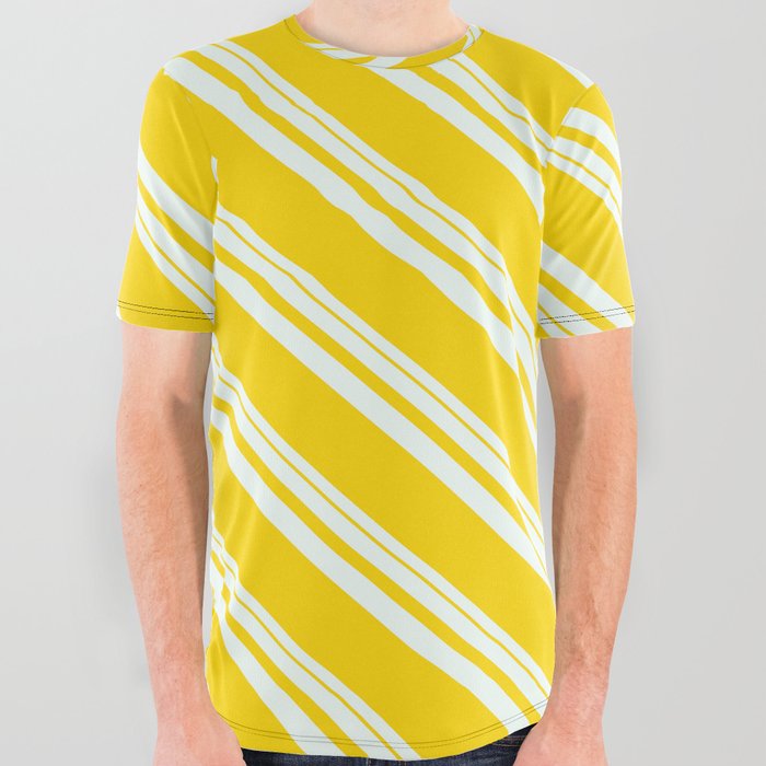 Mint Cream & Yellow Colored Striped Pattern All Over Graphic Tee
