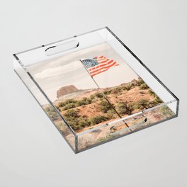 Square Butte Rock in Arizona - American Flag - Southwest USA Photo Acrylic Tray