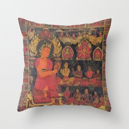 Thangka with Bejeweled Buddha Preaching Throw Pillow