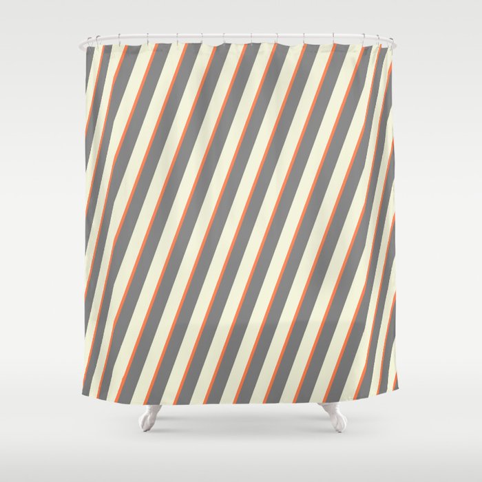 Beige, Coral & Grey Colored Lined Pattern Shower Curtain
