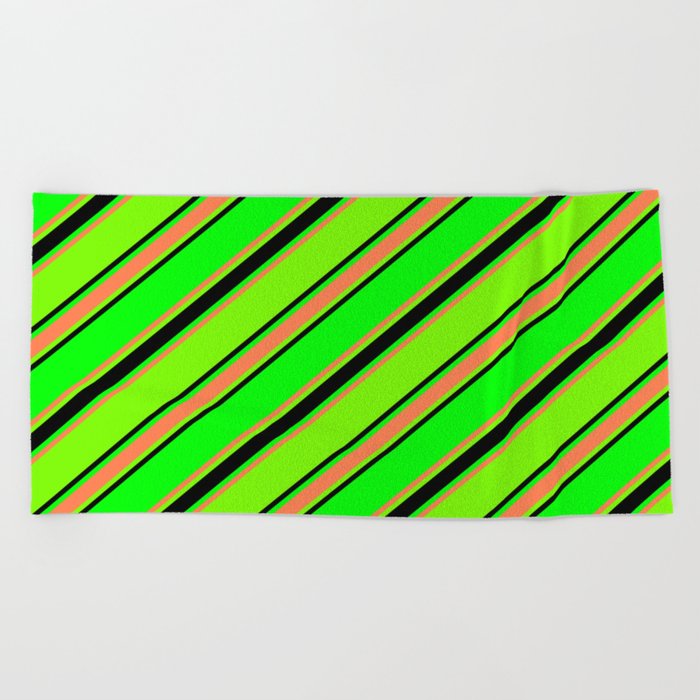 Lime, Coral, Green, and Black Colored Lined Pattern Beach Towel