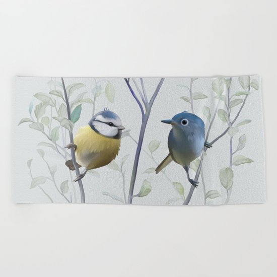 2 birds in tree Beach Towel