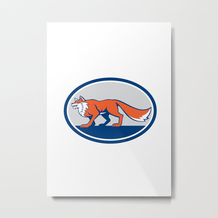 Red Fox Pouncing Side Oval Retro Metal Print