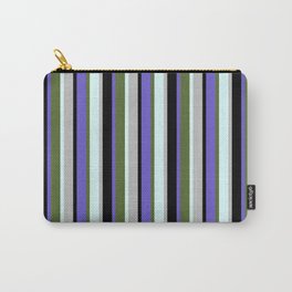 [ Thumbnail: Eyecatching Slate Blue, Dark Olive Green, Light Cyan, Grey & Black Colored Lines/Stripes Pattern Carry-All Pouch ]