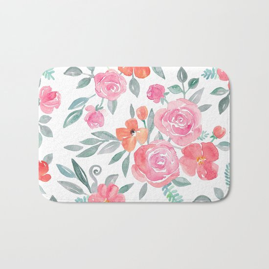 Amelia Floral in Pink and Peach Watercolor Bath Mat