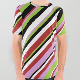 [ Thumbnail: Red, Plum, Green, Black & White Colored Lines Pattern All Over Graphic Tee ]