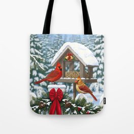 Red Cardinals and Christmas Bird Feeder Tote Bag | Snow, Digital, Snowylandscape, Garland, Forest, Christmas, Birdfeeder, Winter, Holidaydecorations, Realism 