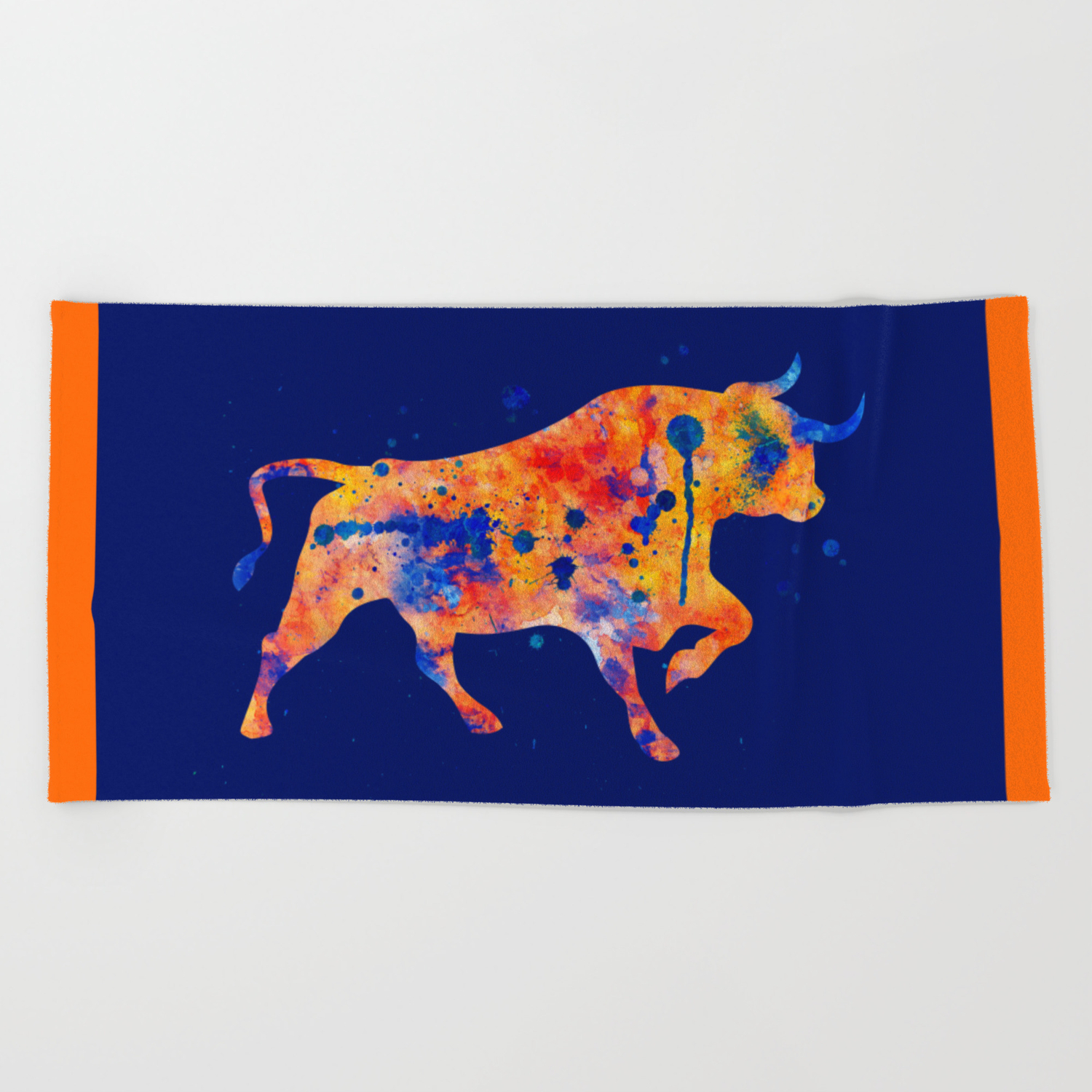 Watercolor Bull Painting Blue Navy Red Orange Yellow Beach Towel