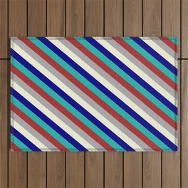[ Thumbnail: Colorful Light Sea Green, Brown, Dark Grey, Beige, and Blue Colored Lines Pattern Outdoor Rug ]