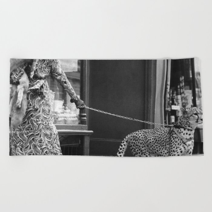 Woman with Cheetah, Phyllis Gordon, with her pet Kenyan cheetah, Paris, France black and white photo Beach Towel