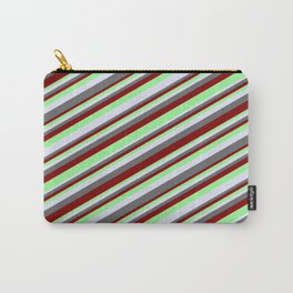 [ Thumbnail: Maroon, Green, Lavender, and Dim Gray Colored Lined Pattern Carry-All Pouch ]
