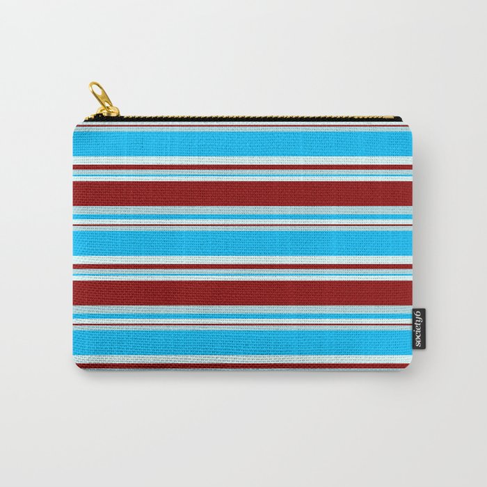 Powder Blue, Deep Sky Blue, Light Cyan & Dark Red Colored Stripes Pattern Carry-All Pouch