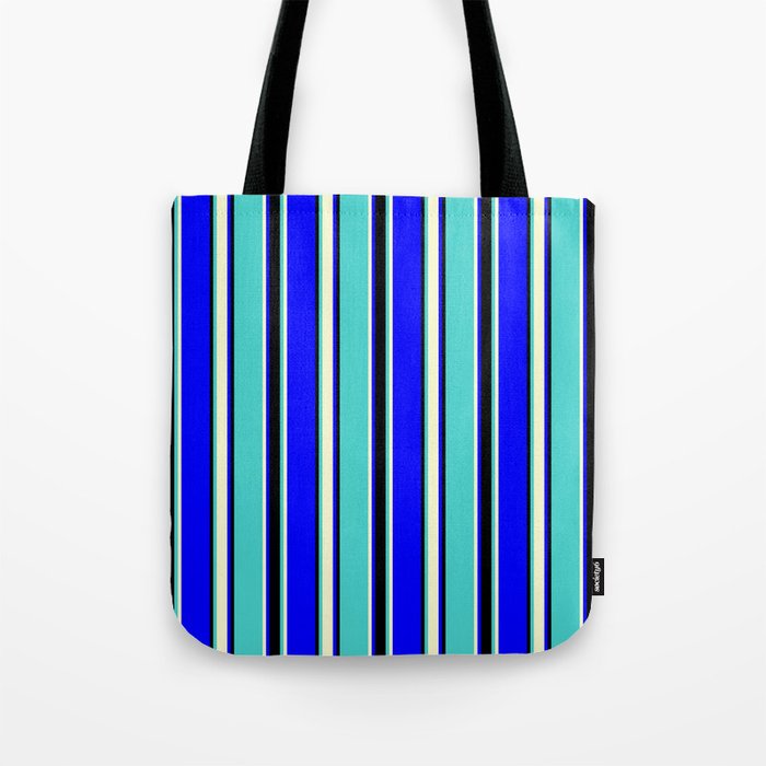 Blue, Light Yellow, Turquoise, and Black Colored Striped/Lined Pattern Tote Bag