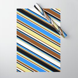 [ Thumbnail: Eyecatching Blue, Tan, Brown, White, and Black Colored Lined/Striped Pattern Wrapping Paper ]