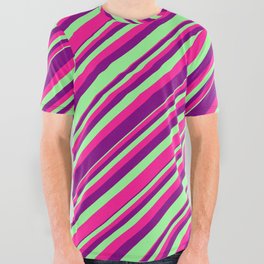 [ Thumbnail: Green, Deep Pink, and Purple Colored Stripes/Lines Pattern All Over Graphic Tee ]