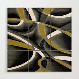Eighties Mustard Yellow White Grey Line Curve Pattern On Black Wood Wall Art