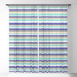 [ Thumbnail: Colorful Dim Grey, Tan, Turquoise, White, and Dark Blue Colored Lined Pattern Sheer Curtain ]