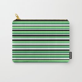[ Thumbnail: Light Green, Sea Green, Mint Cream & Black Colored Pattern of Stripes Carry-All Pouch ]