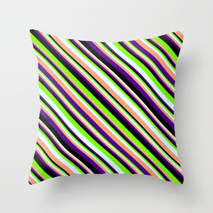 Green, Light Cyan, Light Salmon, Indigo, and Black Colored Lined Pattern Throw Pillow