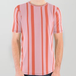 [ Thumbnail: Pink and Red Colored Pattern of Stripes All Over Graphic Tee ]
