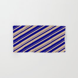 [ Thumbnail: Tan & Dark Blue Colored Stripes/Lines Pattern Hand & Bath Towel ]
