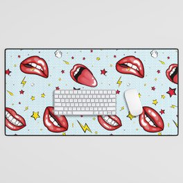 Seamless pattern cartoon comic super speech bubble labels with text, sexy open red lips with teeth, retro pop art illustration, halftone dot vintage effect background Desk Mat