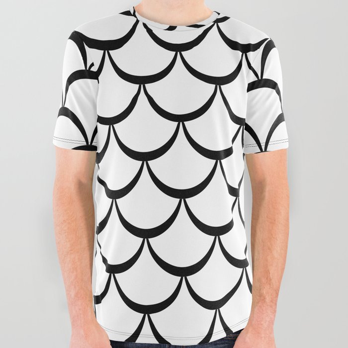 Black and White Mermaid Scales All Over Graphic Tee