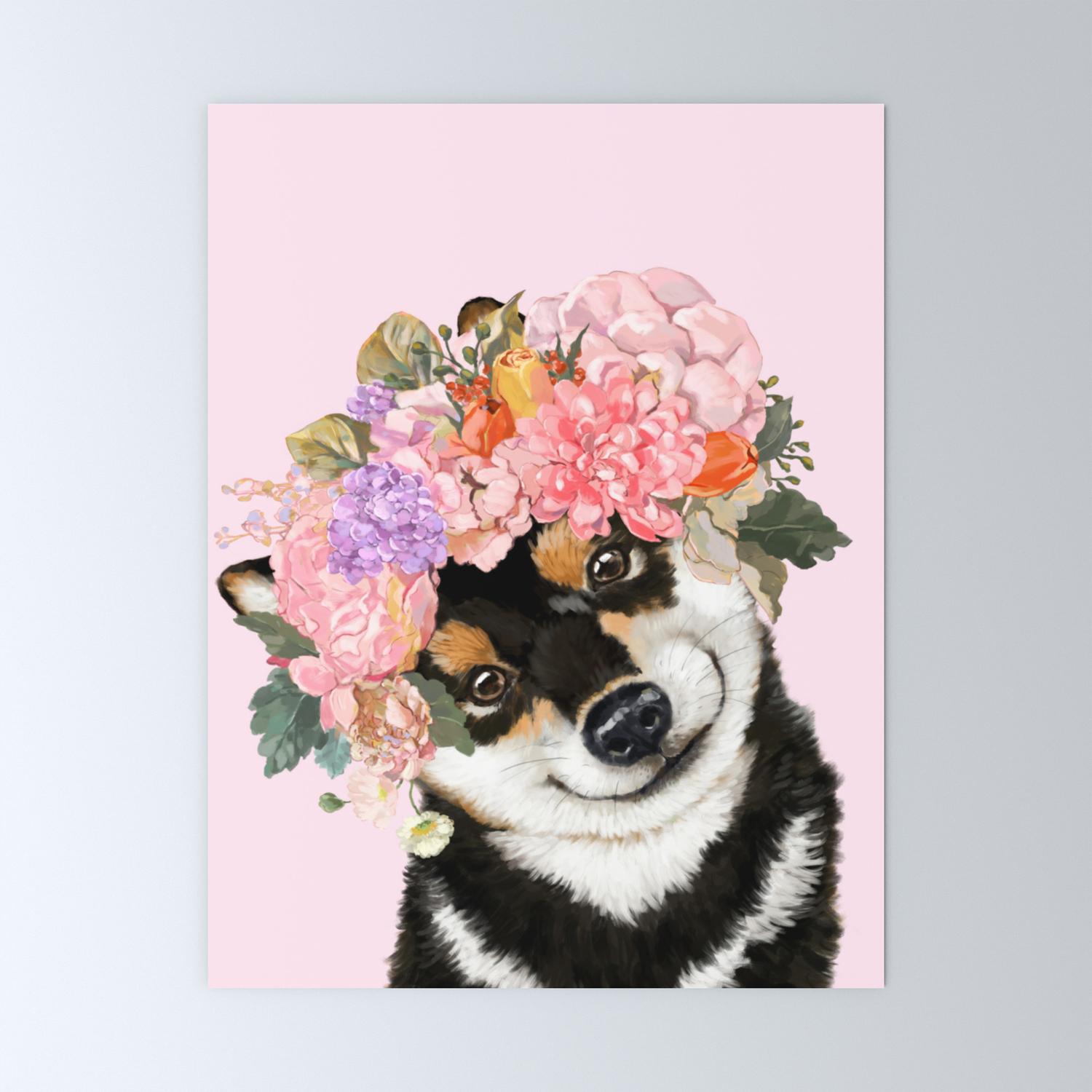 Black Shiba Inu With Flower Crown Pink Mini Art Print By