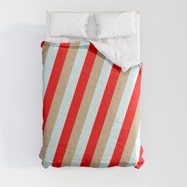 [ Thumbnail: Tan, Light Cyan, and Red Colored Stripes Pattern Comforter ]