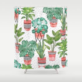 Terra cotta Pots Watercolor House Plants Seamless Pattern Shower Curtain