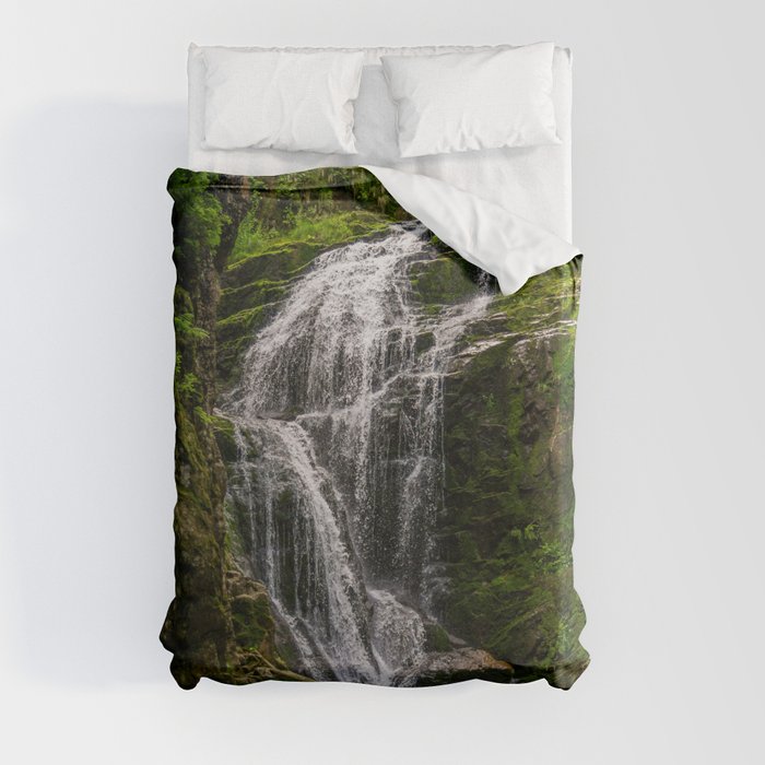 Waterfall in Woods - Nature Photography - Green Landscape Photo Duvet Cover