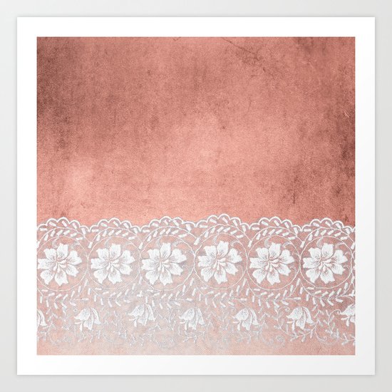 White floral luxury lace on pink rosegold grunge backround Art Print