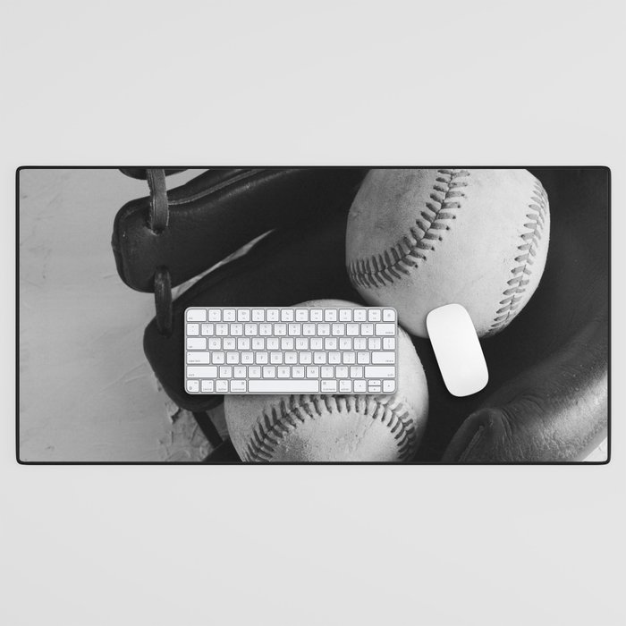 Old baseball equipment in black and white Desk Mat