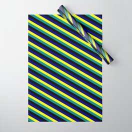 [ Thumbnail: Yellow, Dark Cyan, Black, and Blue Colored Pattern of Stripes Wrapping Paper ]