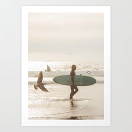 Beach Surfer - Sunset Ocean Seagulls Art Print | Beach People, Beach Love, Art Print, Sea Photography, Seagulls, Crashing Waves, Ocean Print, Summer Decor, Aerial Beach, Boni Beach Surfer 