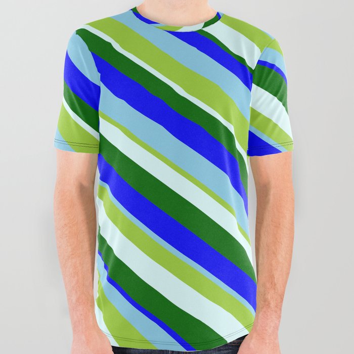 Eye-catching Green, Light Cyan, Dark Green, Blue & Sky Blue Colored Lines/Stripes Pattern All Over Graphic Tee