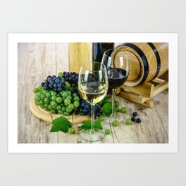 Glasses of Wine plus Grapes and Barrel Art Print