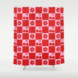 Cherry Flowers Pink & Red Checker Shower Curtain
