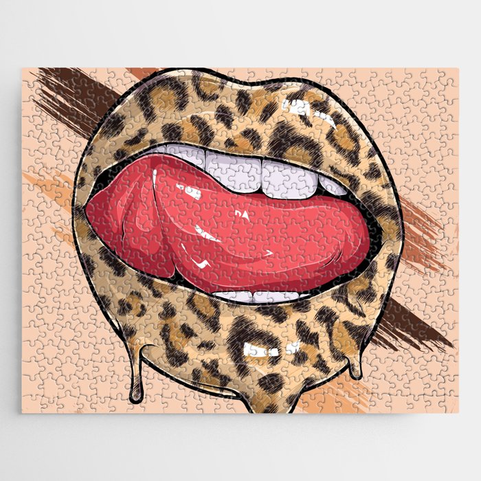 Female Lips with Leopard Pattern Woman Tongue Expression Wild Girl Lips Leopard  Jigsaw Puzzle