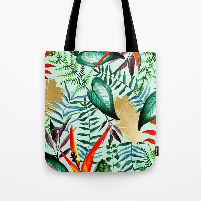Paradise, Tropical Jungle Botanical Bohemian Illustration, Palm Bird of Paradise Gold Painting Tote Bag
